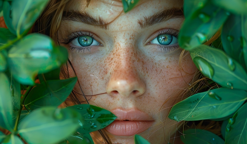 Красивая зеленоглазая девушка в зеленых листьях