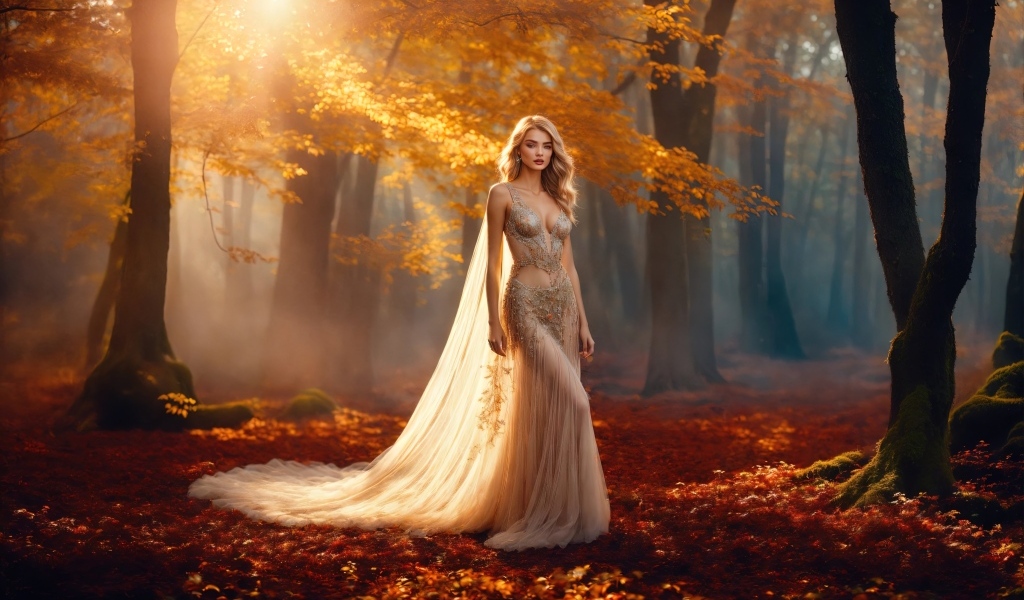 Блондинка в красивом платье в осеннем лесу
