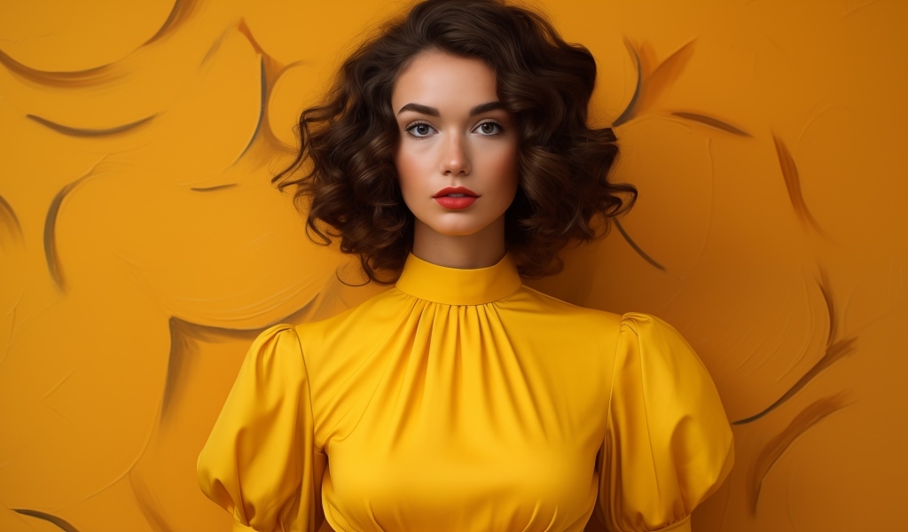 Брюнетка в желтом платье на оранжевом фоне