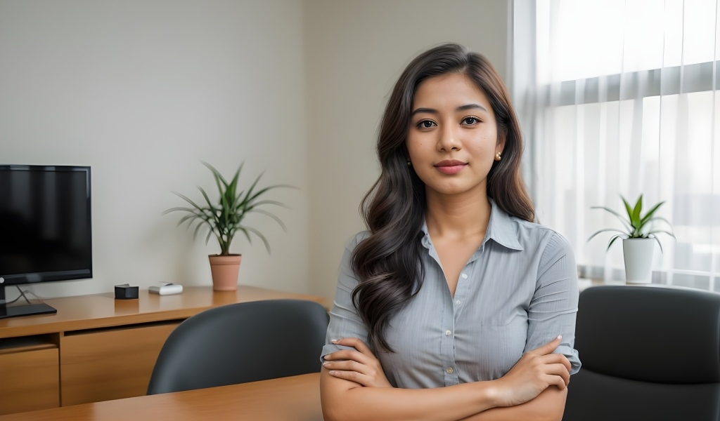 Милая девушка азиатка в серой рубашке за столом в офисе