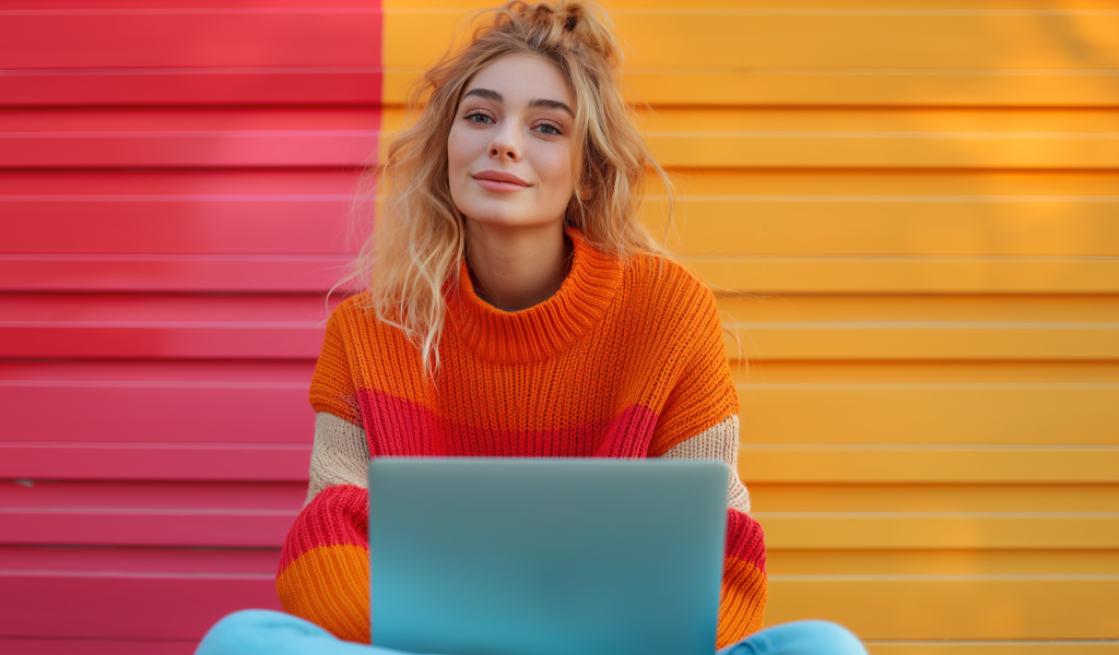 Милая девушка в свитере с ноутбуком