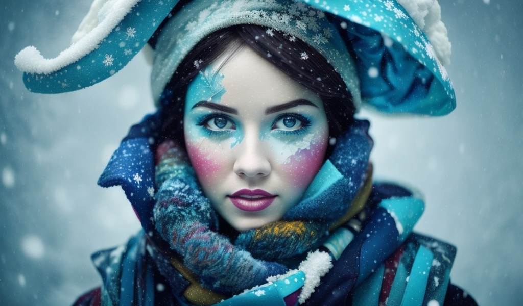 Девушка с краской на лице зимой