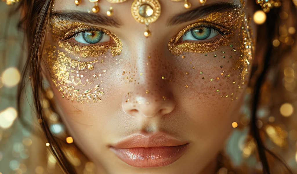 Зеленоглазая девушка с блестящим макияжем на лице