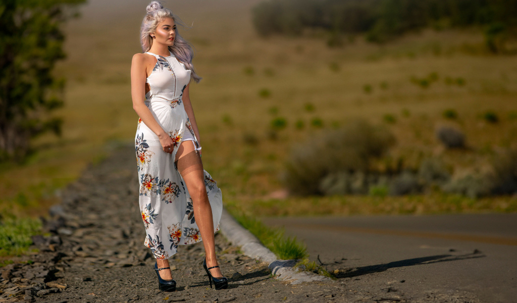 Длинноногая красивая девушка в платье у дороги