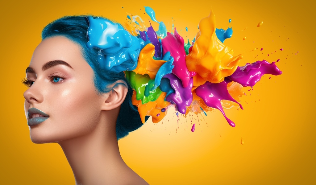 Разноцветная краска на волосах девушки на желтом фоне