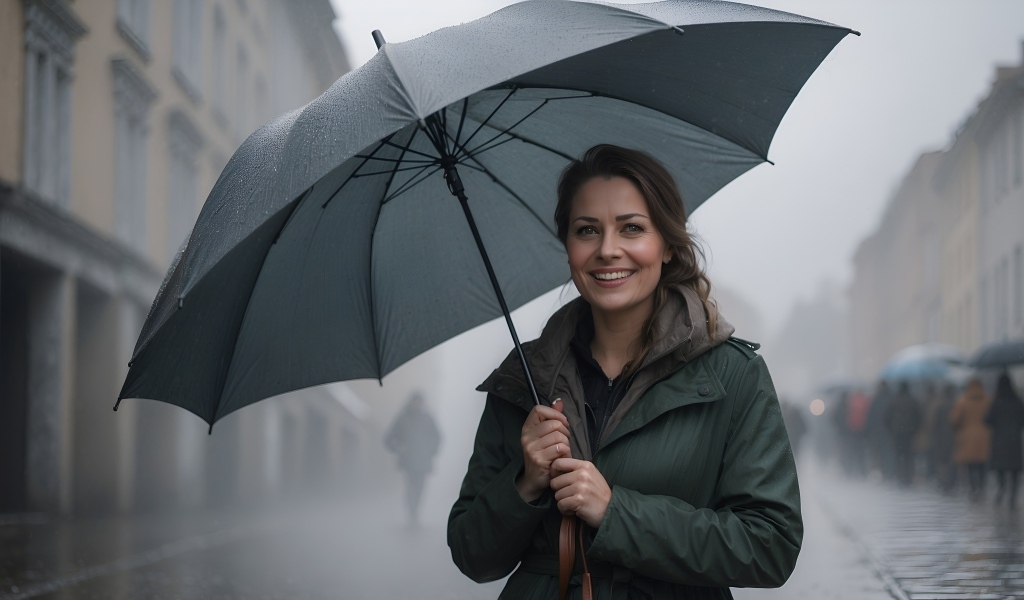 Улыбающаяся девушка под черным зонтом