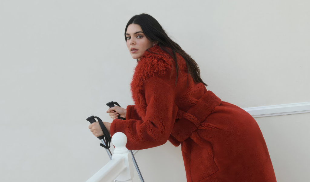 Модель Кендалл Дженнер в красной шубе