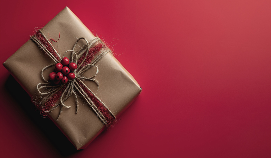 Подарок в бумаге на красном фоне