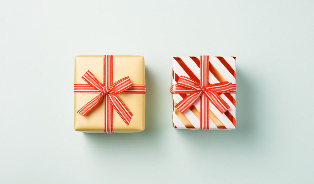 Два подарка с лентами на сером фоне