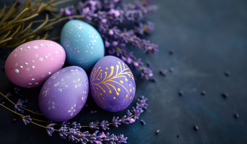 Красивые пасхальные яйца с веточками вербы на сером столе