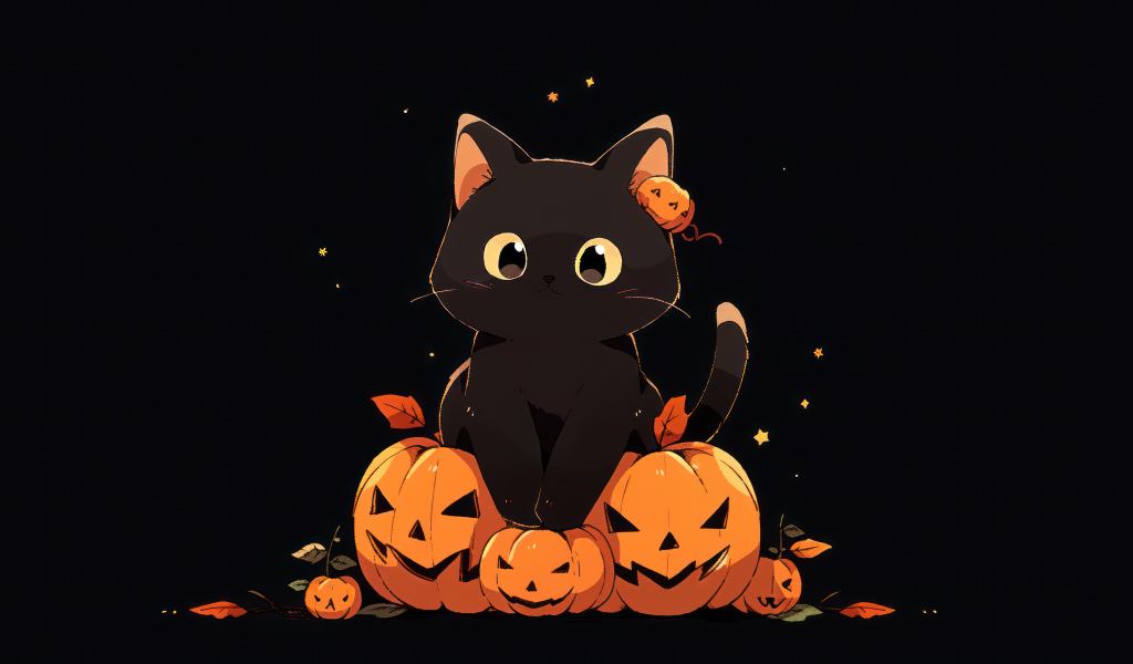 Маленький черный котенок с тыквами на Хэллоуин