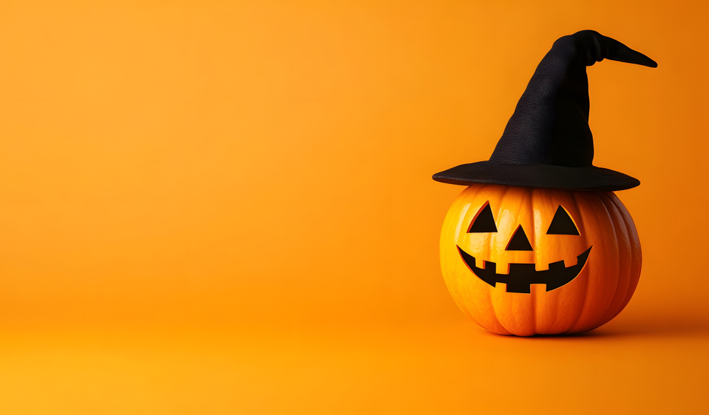 Тыква в черном колпаке, шаблон для открытки на Хэллоуин