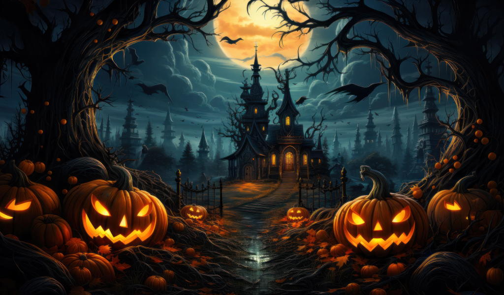 Тыквы освещают дорогу к старому черному замку