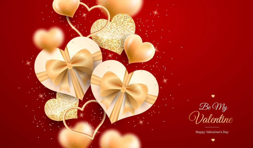 Золотые блестящие сердечки на красном фоне на День Влюбленных
