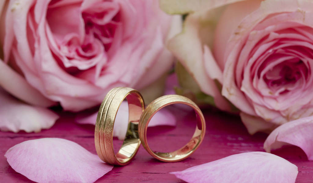 Два золотых обручальных кольца с цветами розы