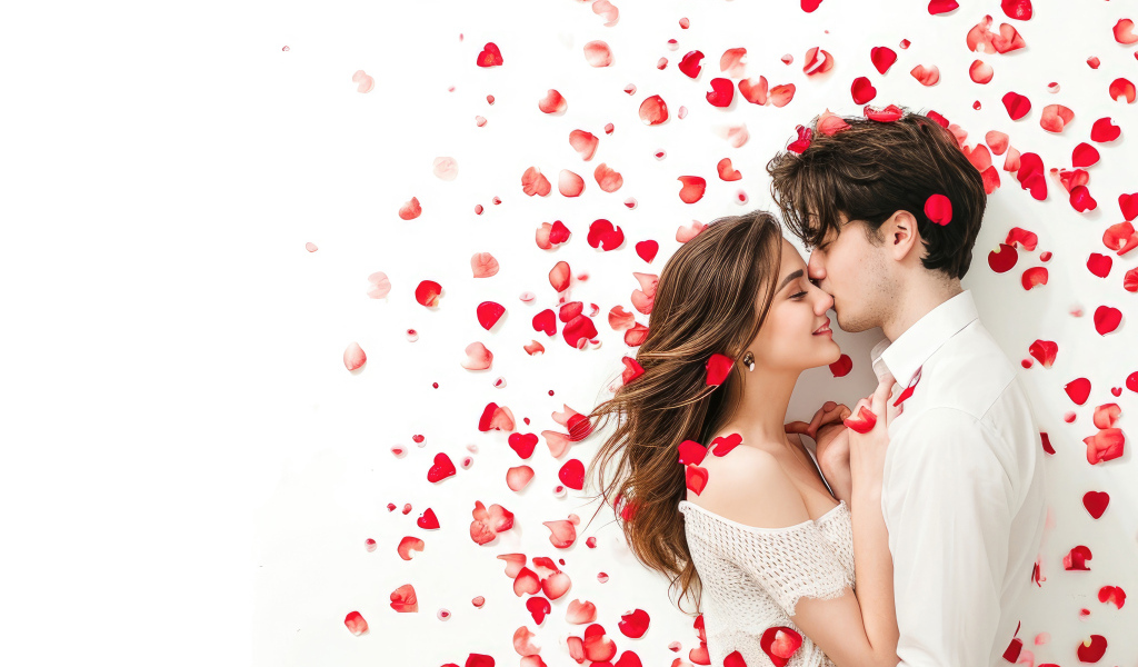 Красивая влюбленная пара в лепестках роз на белом фоне