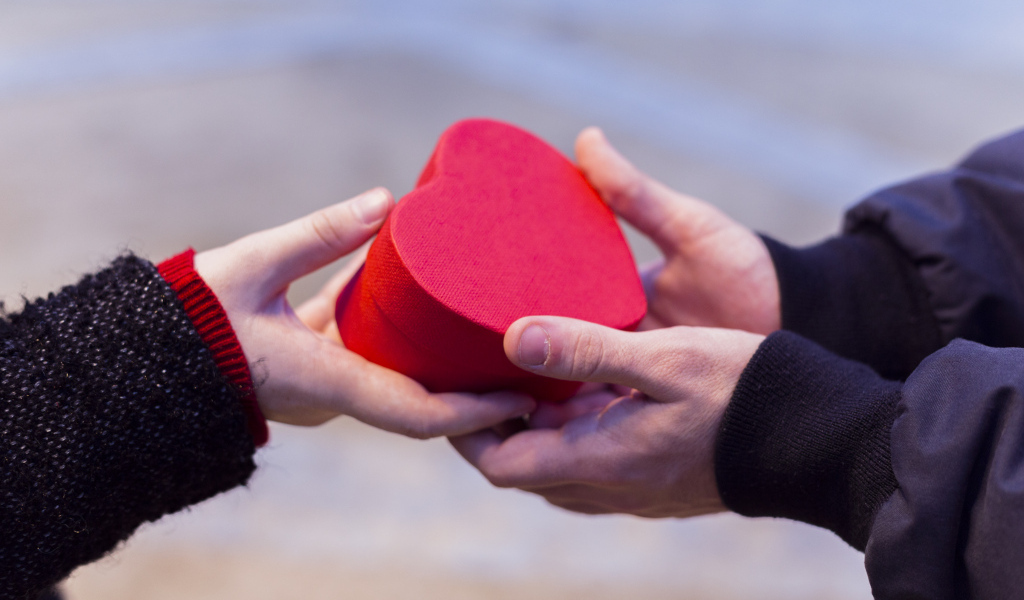 Пара держит небольшую подарочную коробку в форме сердца