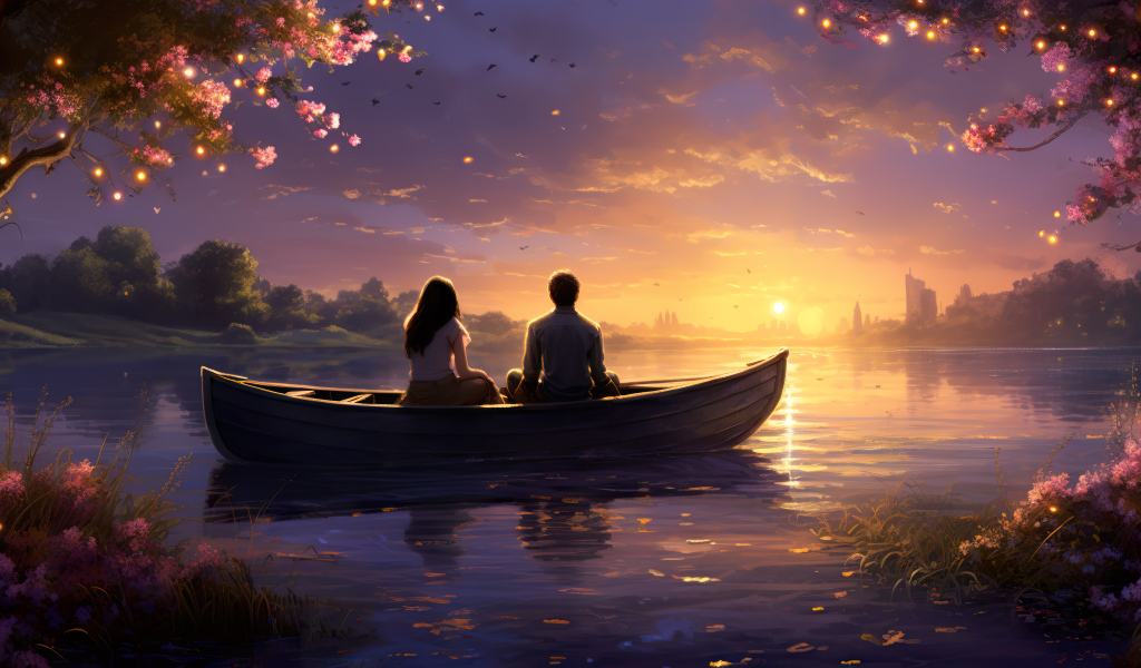 Влюбленная пара в лодке на озере на закате