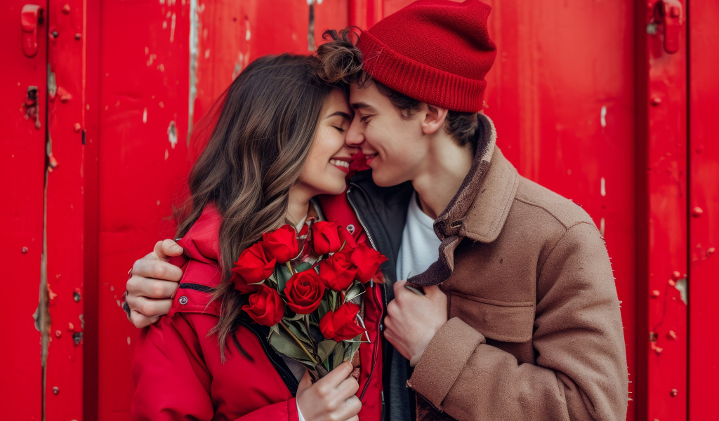 Влюбленная пара с букетом красных роз у стены