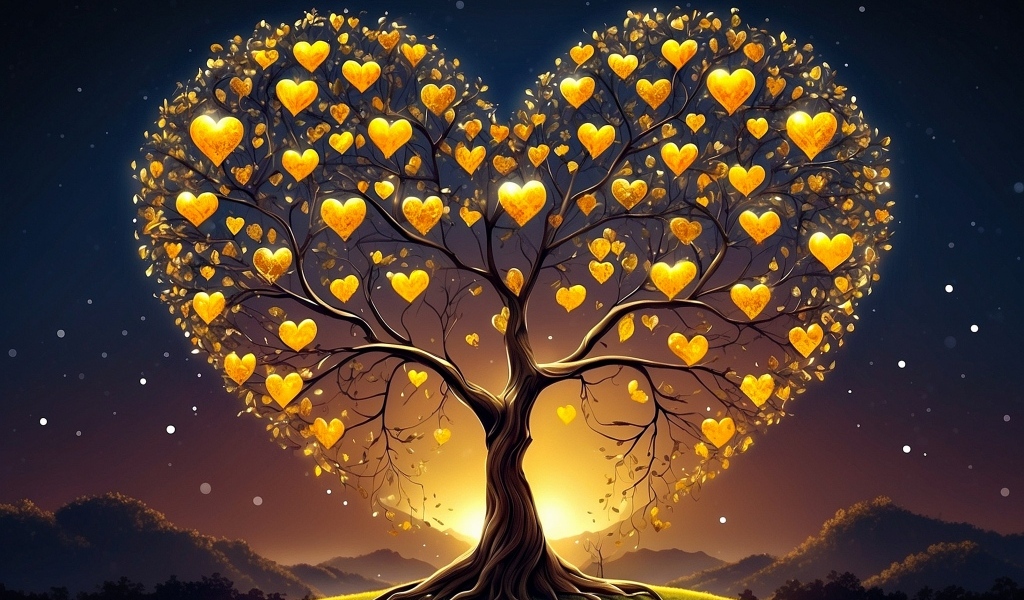 Дерево в форме сердца с золотыми листьями