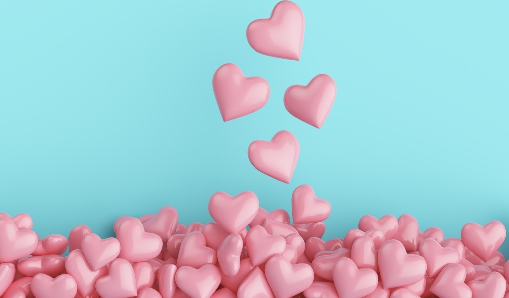 Много розовых сердечек на голубом фоне
