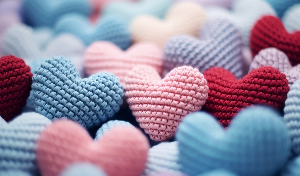 Разноцветные вязаные сердечки