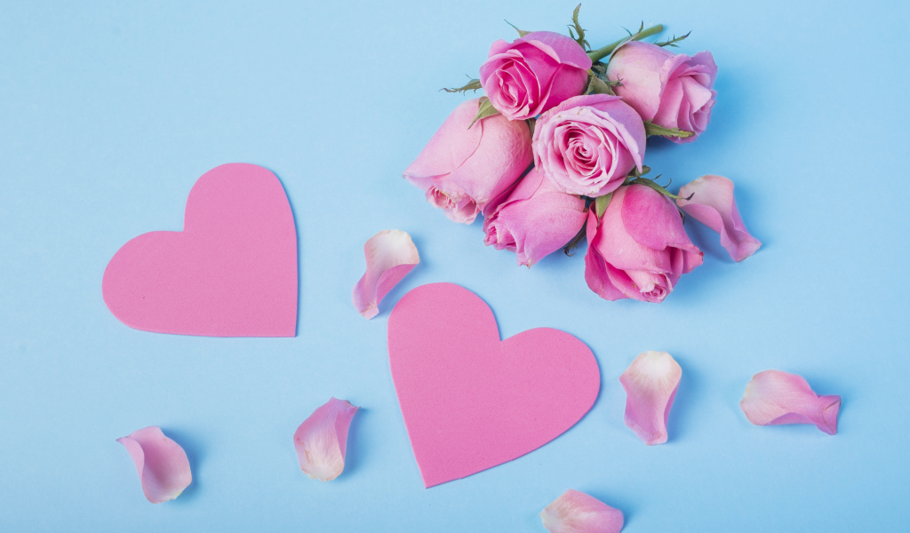 Розовые сердечки и цветы розы на голубом фоне