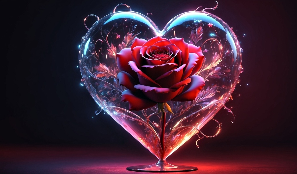 Красная роза в большом прозрачном сердце
