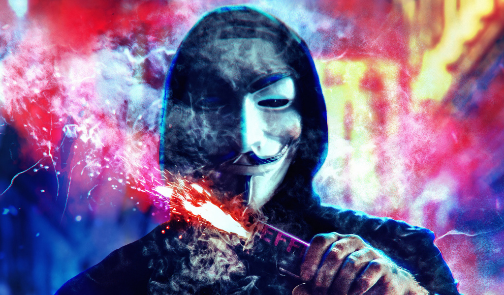 Анонимус в маске с петардой в руке