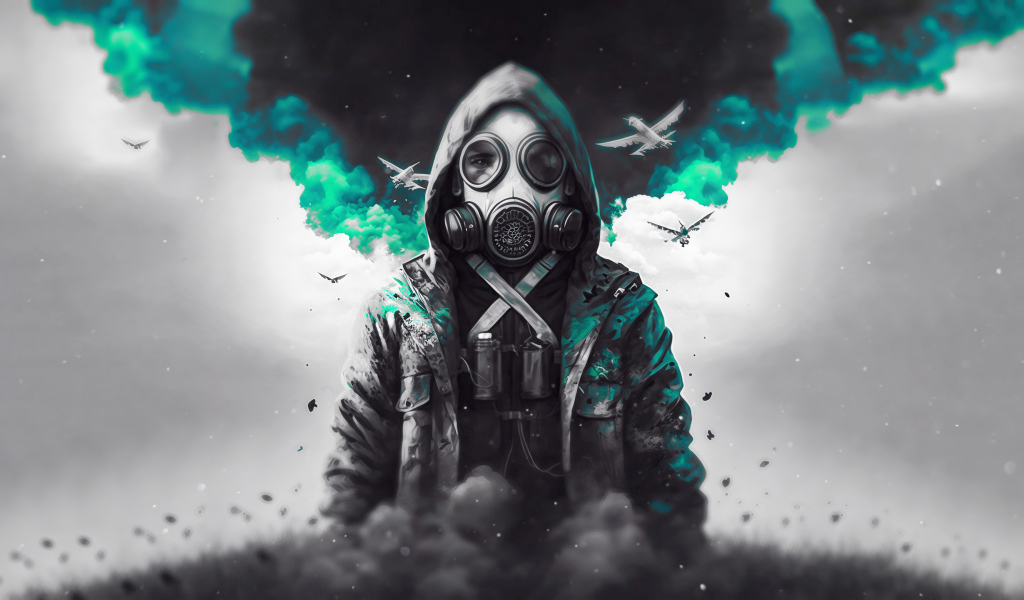 Мужчина в противогазе в дыму