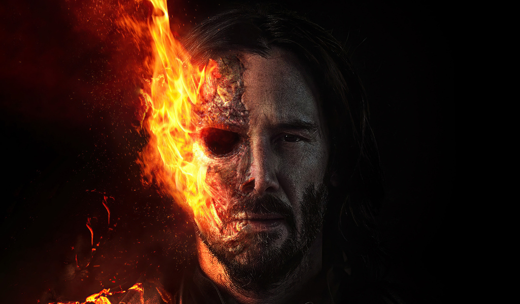 Актер Киану Ривз с горящим лицом