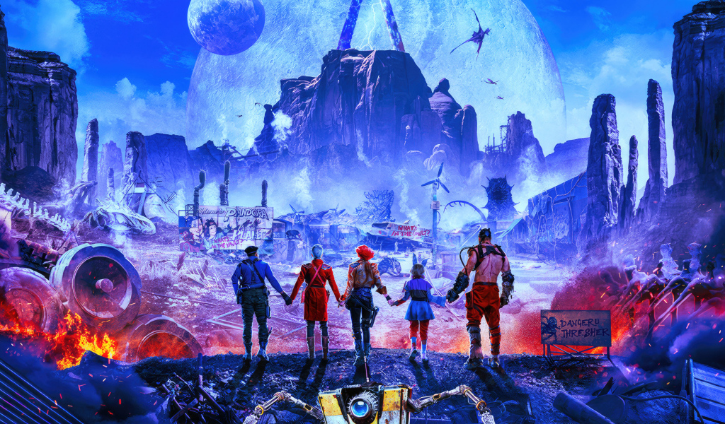 Персонажи фильма Бордерлендс на фоне города