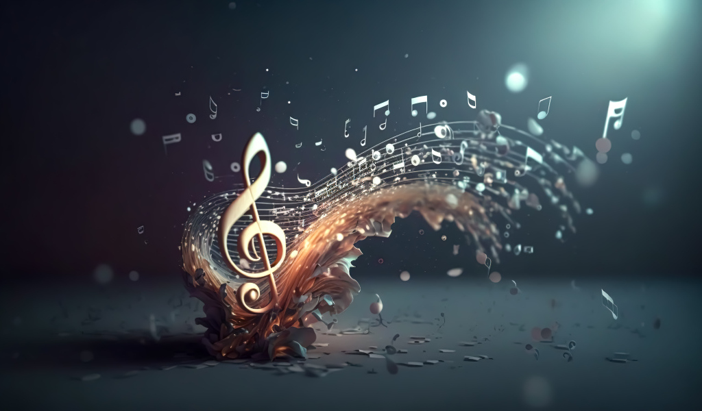 Взрыв нотных знаков на сером фоне