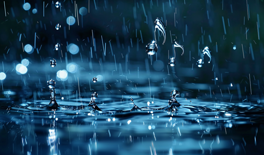 Ноты в каплях дождя в луже