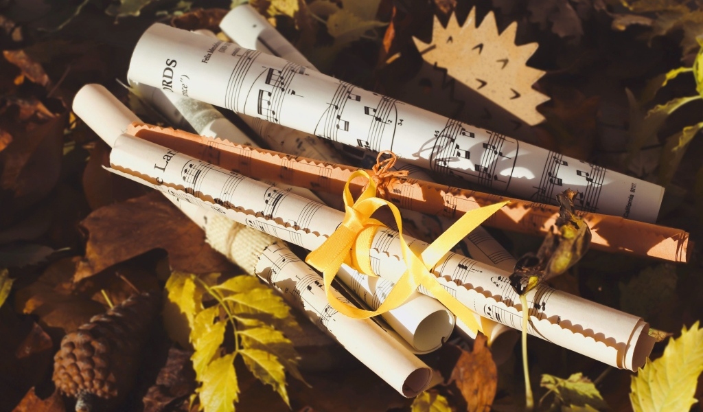 Ноты лежат на земле с опавшими листьями