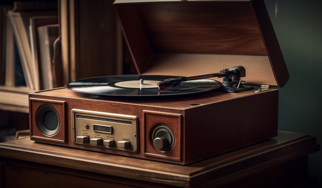 Старый виниловый проигрыватель на столе