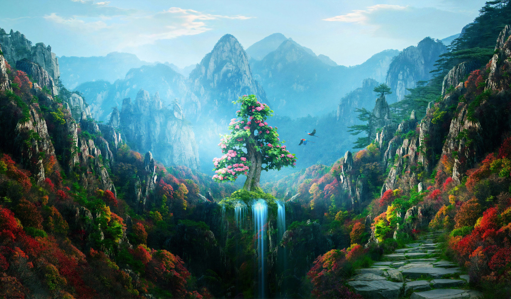 Красивый вид на фантастическое цветущее дерево в горах