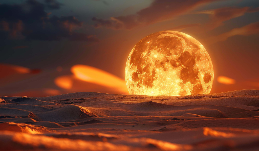 Большая огненная луна на песке
