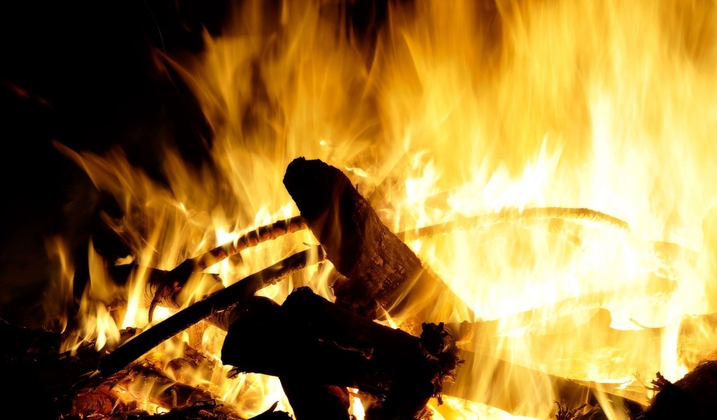 Яркое горячее пламя костра крупным планом