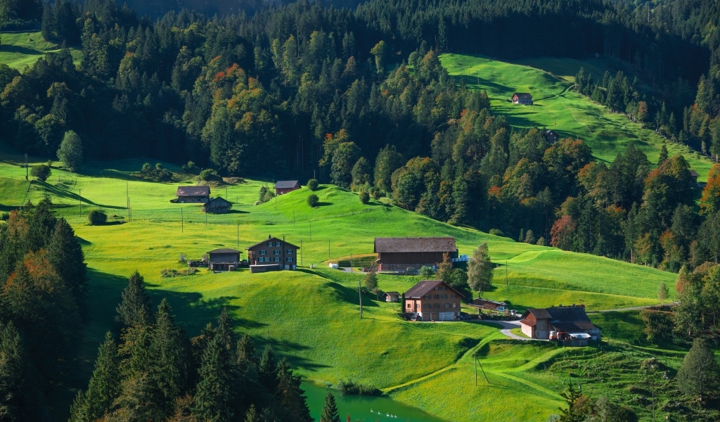 Зеленые холмы с домами в горах