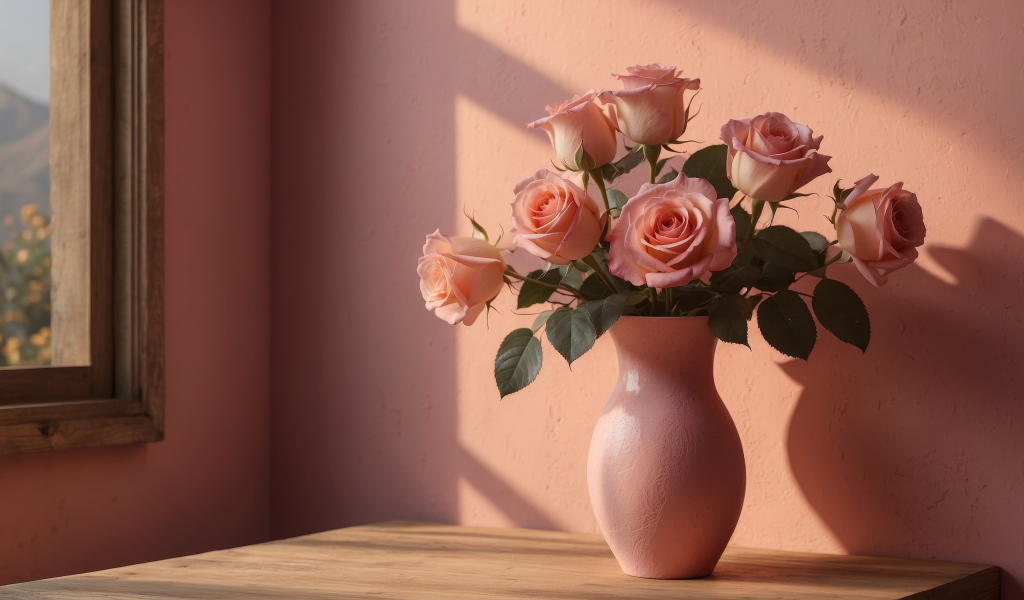 Букет нежных розовых роз в вазе у стены в лучах солнца