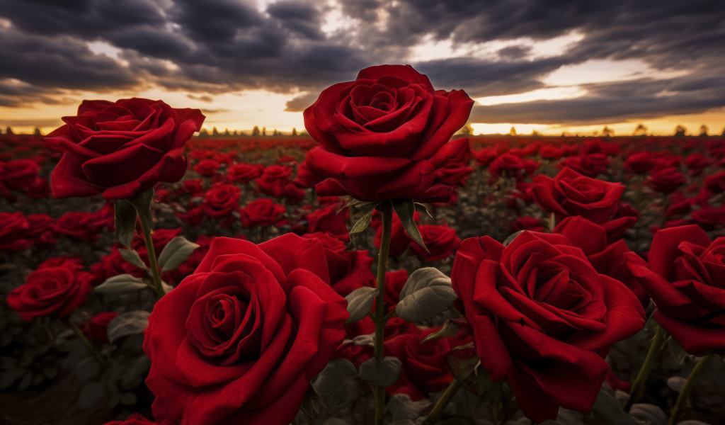 Красивые бордовые розы на поле под грозовым небом