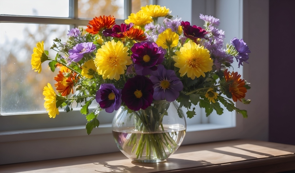 Букет разноцветных цветов в вазе на окне