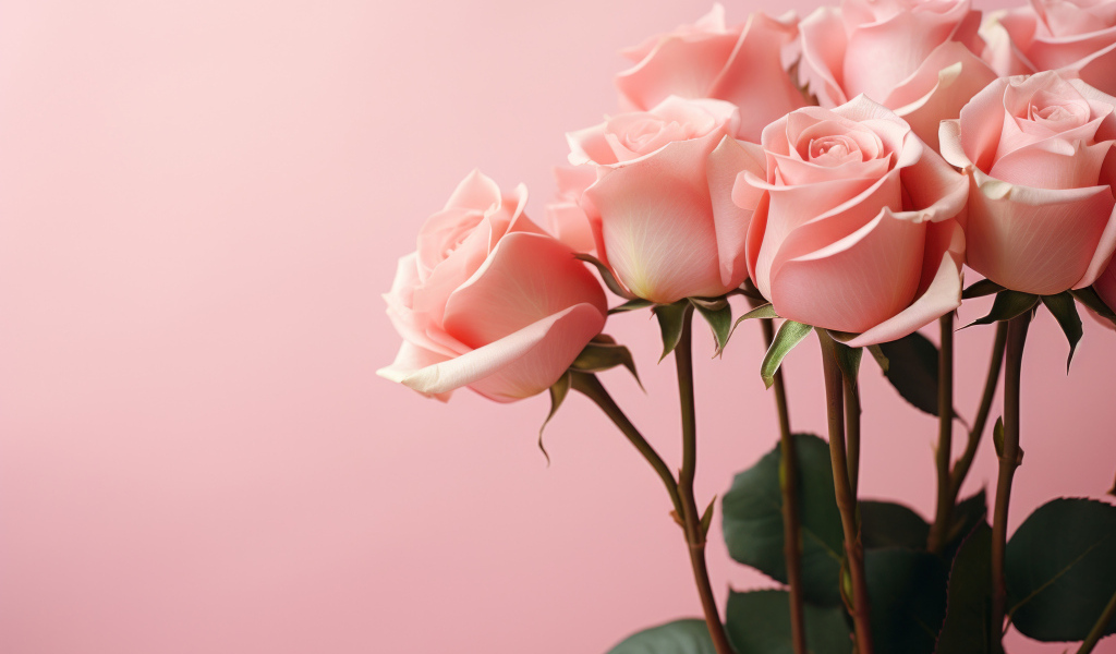 Букет нежных розовых  роз на розовом фоне