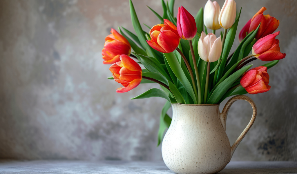Букет разноцветных тюльпанов в вазе на фоне серой стены