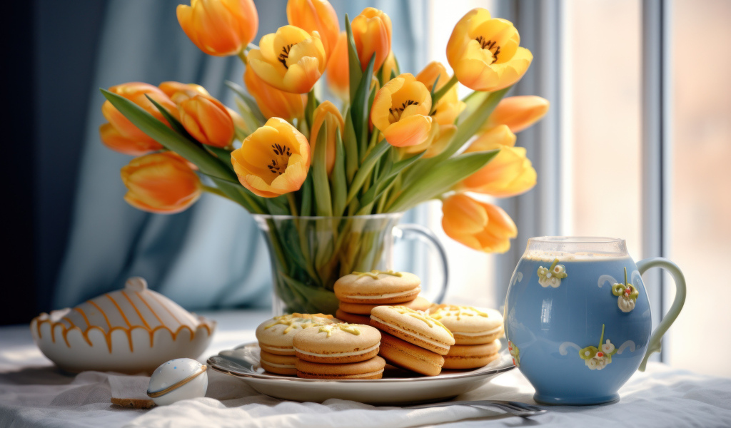 Букет оранжевых тюльпанов с печеньем на столе