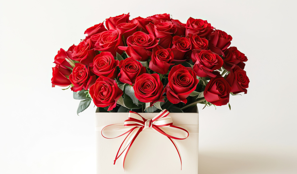 Букет красных роз в коробке на белом фоне