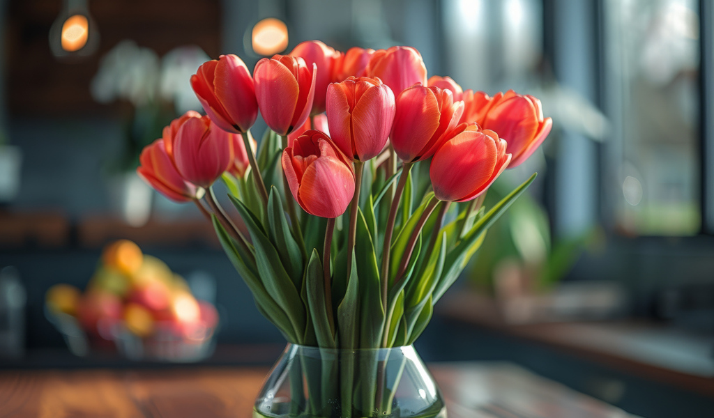 Букет красных тюльпанов в стеклянной прозрачной вазе на столе