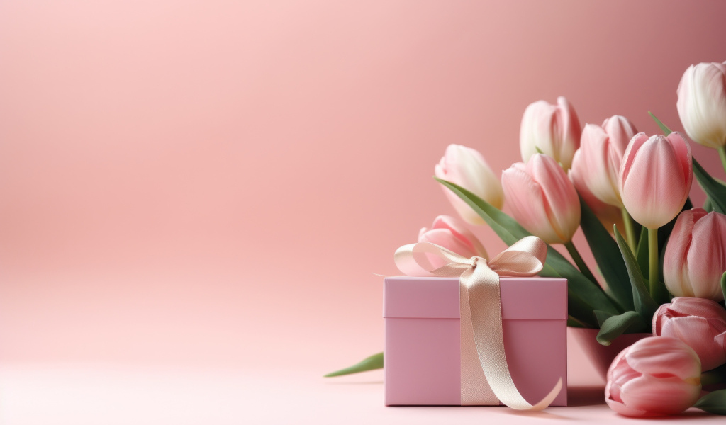 Букет тюльпанов и подарок на розовом фоне