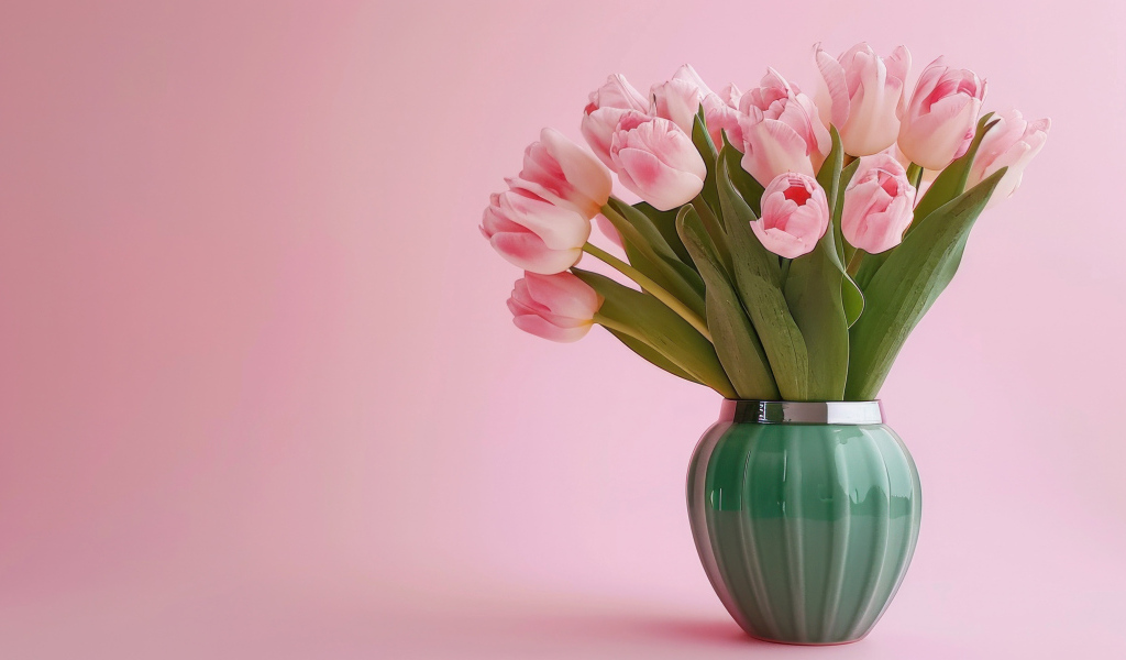 Букет тюльпанов зеленой вазе на розовом фоне